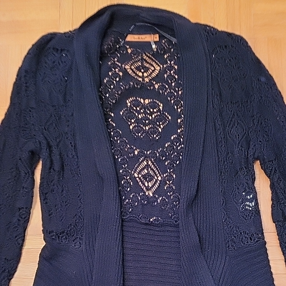 Belldini Black Elegant Open Cardigan Sweater, Crochet Lace Back & Sleeves, M - Picture 16 of 16